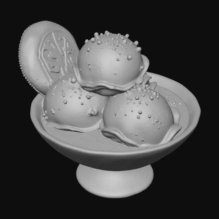 3D model for dessert bowl with ice cream and chocolate sprinkles as well as a cookie straw and chocolate sauce