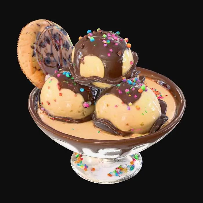 3D model for dessert bowl with ice cream and chocolate sprinkles as well as a cookie straw and chocolate sauce