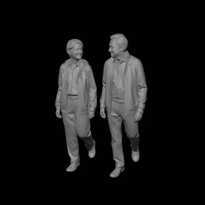3D model for A realistic elderly European couple walks towards the camera. They walk 70 cm apart. The man looks at the woman. The woman is around 70 years old and wears comfortable shoes, loose beige trousers with a belt, a white shirt, and an open windbreaker. Her husband wears brown leather shoes, navy blue trousers, a brown belt, a light blue shirt, and a dark blue windbreaker.