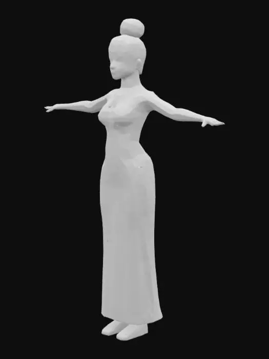 3D model for 给我生成一个女性人物，要求年龄在20-35岁​​左右，面容​温婉大气，具有东方美感。可以融入一些​​晋地特征​​，如柔和的轮廓线条、亲和的笑容。​​眼神是关键​​，需传递出真诚、智慧和热情。服饰要​​融合传统晋文化与现代设计，现代服饰，简约大方，运用晋绣太行山石肌理感​​ ​​ 