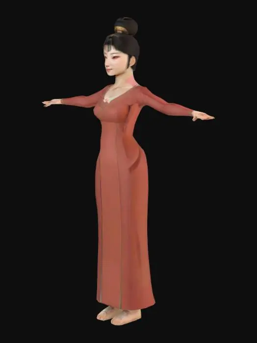 3D model for 给我生成一个女性人物，要求年龄在20-35岁​​左右，面容​温婉大气，具有东方美感。可以融入一些​​晋地特征​​，如柔和的轮廓线条、亲和的笑容。​​眼神是关键​​，需传递出真诚、智慧和热情。服饰要​​融合传统晋文化与现代设计，现代服饰，简约大方，运用晋绣太行山石肌理感​​ ​​ 