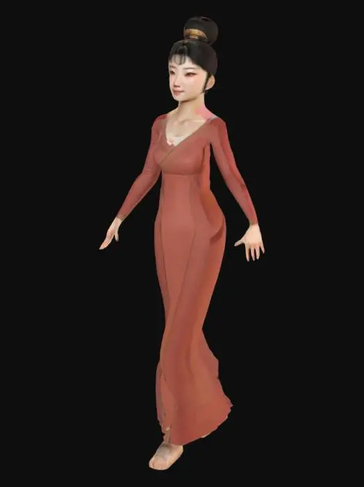 3D model for 给我生成一个女性人物，要求年龄在20-35岁​​左右，面容​温婉大气，具有东方美感。可以融入一些​​晋地特征​​，如柔和的轮廓线条、亲和的笑容。​​眼神是关键​​，需传递出真诚、智慧和热情。服饰要​​融合传统晋文化与现代设计，现代服饰，简约大方，运用晋绣太行山石肌理感​​ ​​ 