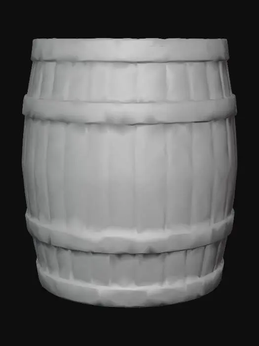 3D model for A medieval wooden barrel. Made of wooden staves with metal bands around it. Closed top, rustic and worn look. No decorations, just a simple storage barrel.