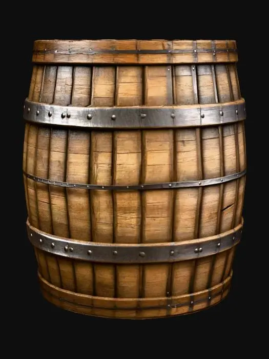 3D model for A medieval wooden barrel. Made of wooden staves with metal bands around it. Closed top, rustic and worn look. No decorations, just a simple storage barrel.