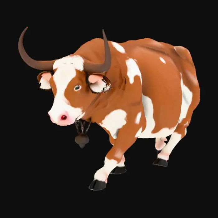 3D model for A (style) 3D model of a (cow type). 
(description of color, fur, body shape, accessories). 
(description of pose). 
Clean topology, PBR textures, game-ready, high detail.