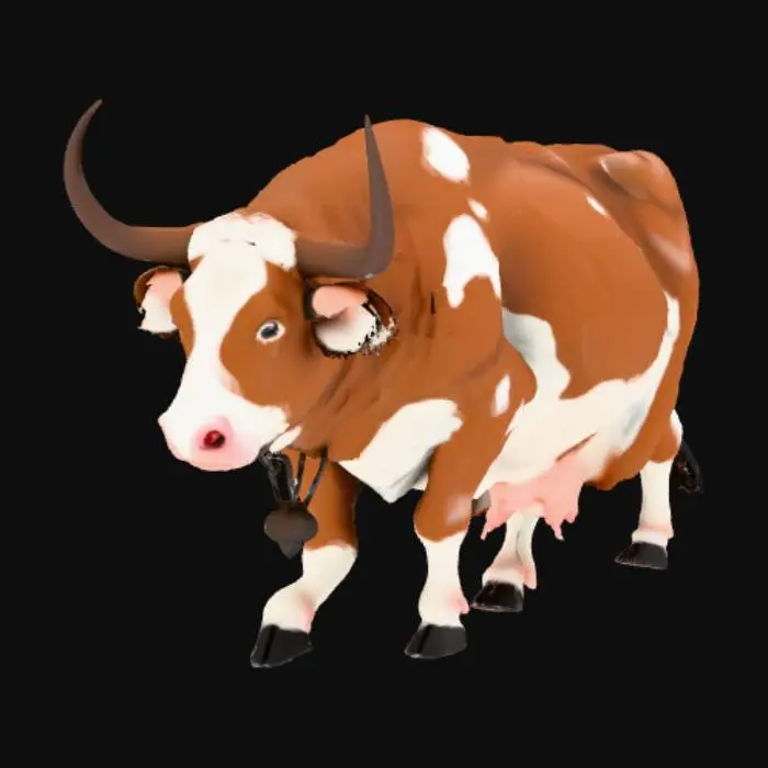 3D model for A (style) 3D model of a (cow type). 
(description of color, fur, body shape, accessories). 
(description of pose). 
Clean topology, PBR textures, game-ready, high detail.