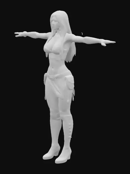 3D model for A stunning Hispanic woman with a perfectly symmetric, exotic face. Mesmerizing eyes, full lips, and long, flowing black and golden hair. Her toned, curvy, athletic body showcases defined muscles, especially in her strong, fit legs. She wears a black halter top with armor padding and a spiked shoulder pad on her left side. A black knee-length skirt with a left-side slit flows elegantly. She completes the look with draconic-style high-heel boots featuring a scaled pattern in a T-Pose