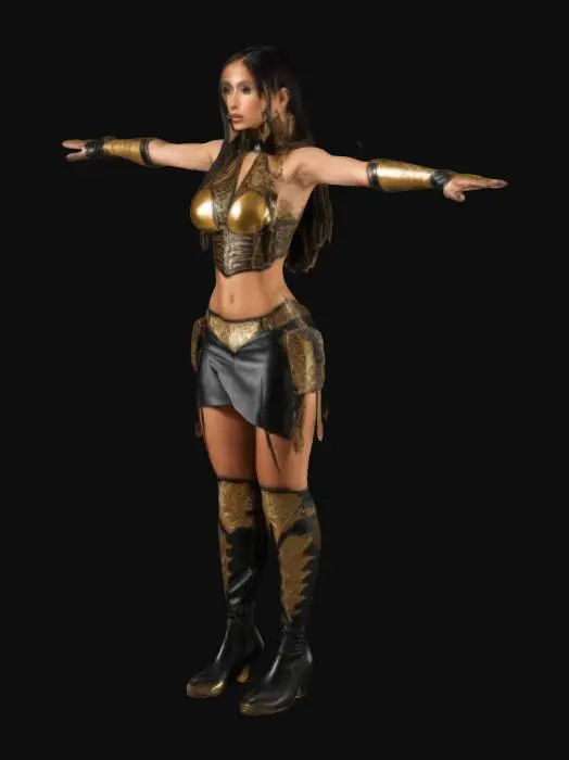 3D model for A stunning Hispanic woman with a perfectly symmetric, exotic face. Mesmerizing eyes, full lips, and long, flowing black and golden hair. Her toned, curvy, athletic body showcases defined muscles, especially in her strong, fit legs. She wears a black halter top with armor padding and a spiked shoulder pad on her left side. A black knee-length skirt with a left-side slit flows elegantly. She completes the look with draconic-style high-heel boots featuring a scaled pattern in a T-Pose