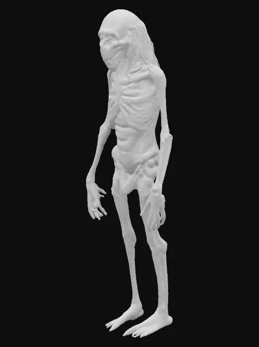 3D model for a gaunt, emaciated figure, as if life itself has been drained away. Its skin could appear gray or decayed, with dark, hollow eyes that reflect a sense of emptiness. It might have no visible mouth, or a wide, gaping hole where its face should be—symbolizing the numbness, lack of emotion, and emptiness associated with depression
