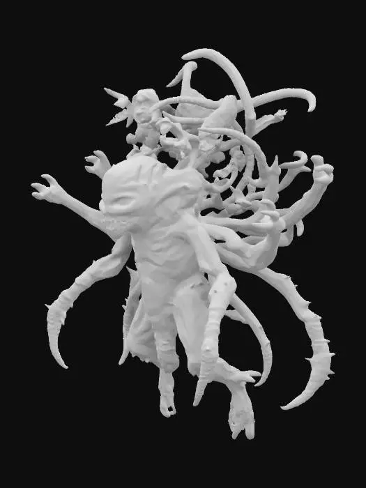 3D model for  a manifestation of chaos and distraction. It might have multiple limbs or eyes that don’t stay still, each part of its body twitching in different directions, moving erratically. Its head could be full of jagged, twitching thoughts, represented by fragmented, floating images or visual noise around it. The creature could flicker in and out of focus, its body constantly shifting like a strobe light.