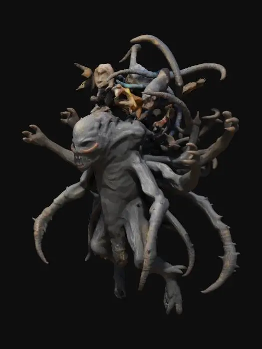 3D model for  a manifestation of chaos and distraction. It might have multiple limbs or eyes that don’t stay still, each part of its body twitching in different directions, moving erratically. Its head could be full of jagged, twitching thoughts, represented by fragmented, floating images or visual noise around it. The creature could flicker in and out of focus, its body constantly shifting like a strobe light.