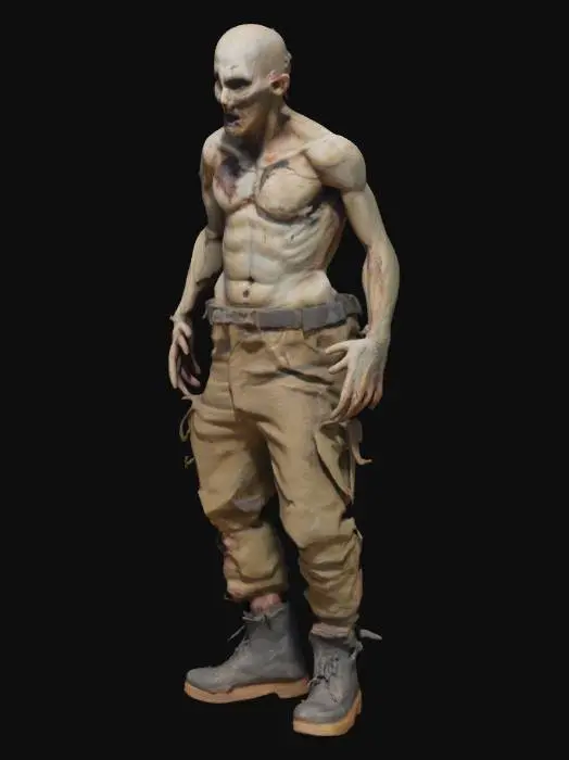 3D model for a grotesque figure, its body marked by scars, burns, or disfigurations, echoing the idea of past trauma. It might wear remnants of old, tattered clothing, resembling a soldier, a victim of war, or a person whose life has been forever altered by horrifying events. The Wretch’s eyes could be hollow or glazed over, filled with the anguish of trauma. Its body twitches, spasms, and jerks unnaturally.