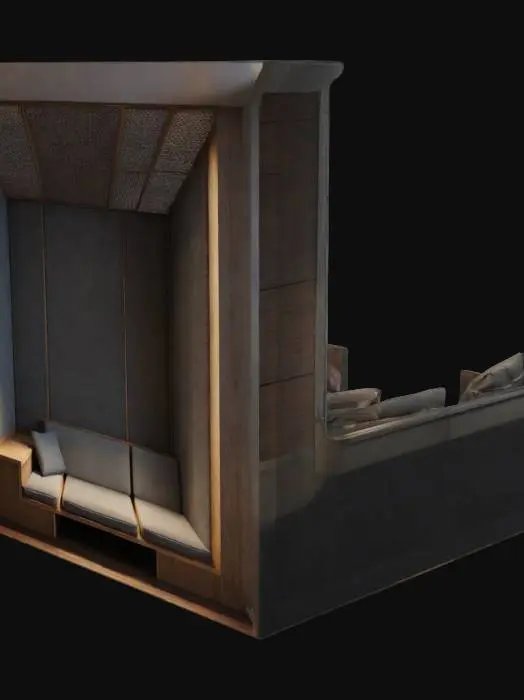 3D model for highly detailed poly mesh, of an "L" shaped reading nook. along with an empty book shelf behind the seats. highly detailed. 4k. accurate mesh. smooth topology. even faces. 