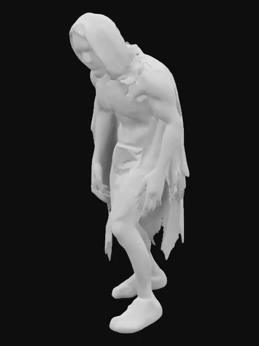 3D model for Full-body 40-year-old Caucasian male, resurrected as a demonic ghost. Pale, decayed  wet like skin with deep scars, exposed bone, and a disfigured face. Glowing red eyes in hollow sockets. Mouth hangs open with missing, jagged teeth. Wears a tattered black hoodie suit, frayed and dirty. Shadowy figure, eerie presence. torn black shoes, Hunched, unnatural posture, like he moves in jerky, ghostly motions. Terrifying and nightmarish