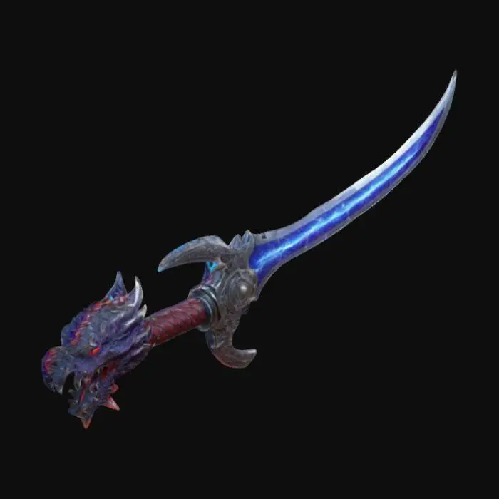 3D model for  highly detailed Giant buster sword, with a dragons tail as the handle. and the dragons head runing down the other side of the blade. and the sharp edge is serrated. the dragon eyes glow lightning blue. the body vividly red and purple. and the blade is shiny and stainless steel.  4k highly detailed, game ready asset
