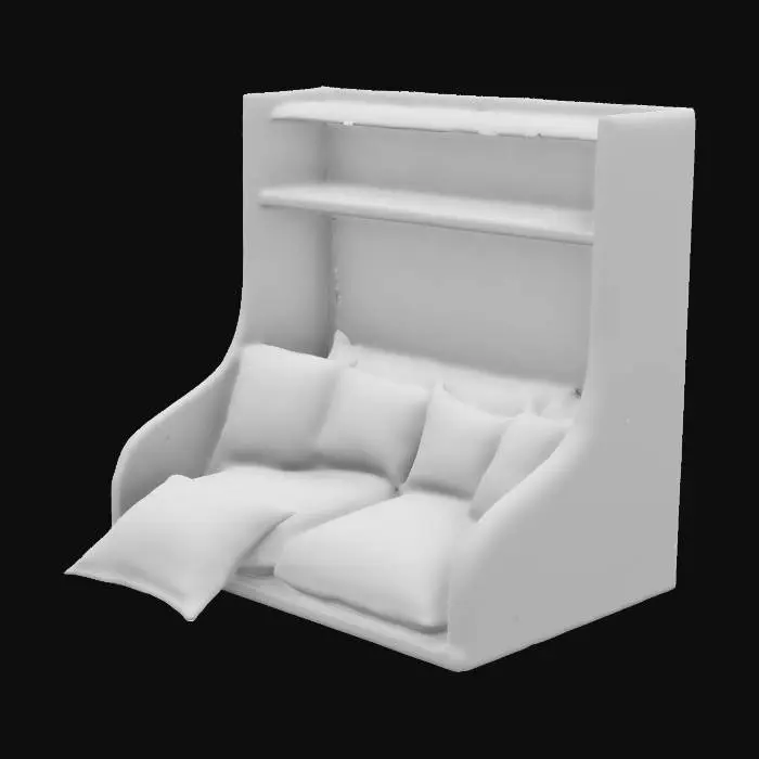 3D model for highly detailed poly mesh, of an "L" shaped reading nook. along with an empty book shelf behind the seats. highly detailed. 4k. accurate mesh. smooth topology. even faces. 
