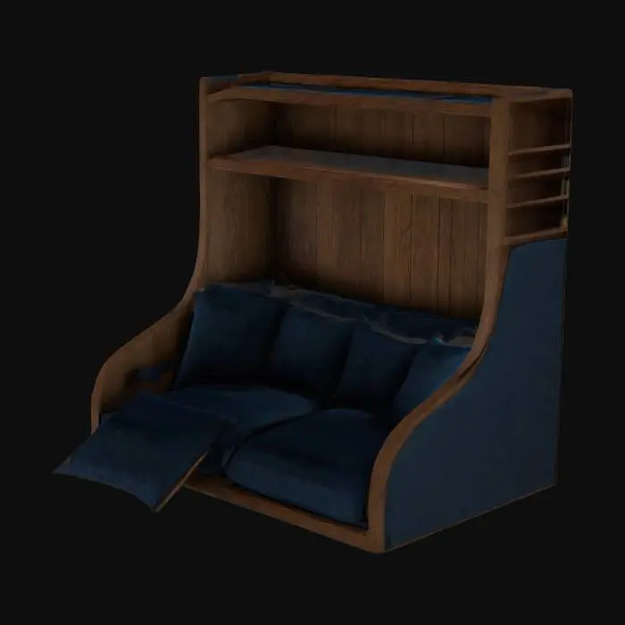 3D model for highly detailed poly mesh, of an "L" shaped reading nook. along with an empty book shelf behind the seats. highly detailed. 4k. accurate mesh. smooth topology. even faces. 