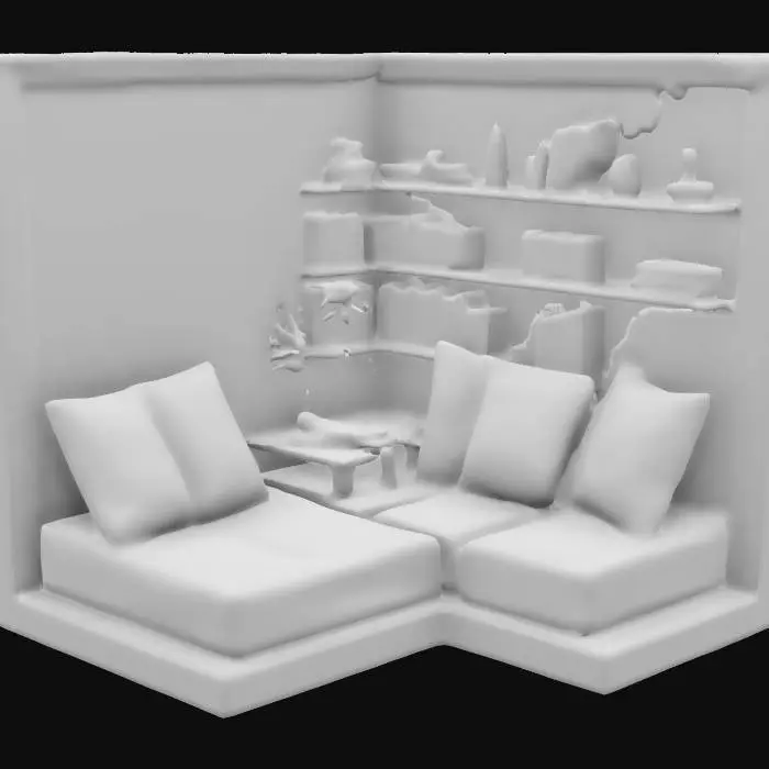 3D model for highly detailed poly mesh, of an "L" shaped reading nook. along with a book shelf behind the seats. 