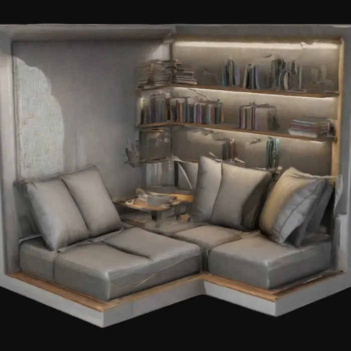 3D model for highly detailed poly mesh, of an "L" shaped reading nook. along with a book shelf behind the seats. 