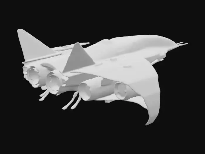 3D model for “Bat-wing hover glider from Spider-Man’s Green Goblin — sleek gunmetal chassis with angular, razor-edged wings, twin turbine intakes, pumpkin-bomb racks along the spine, clawed foot stirrups, glowing toxic-green power core and LEDs, scorched exhaust vents, riveted titanium panels and exposed cables. moonlight rim light on the metal, sparks and a trail of green ionized exhaust. Ultra-