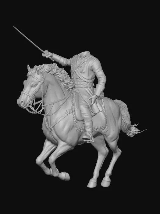 3D model for A headless Hessian trooper from the American revolution in the 1700s, riding a black steed with red eyes. uniform tattered and dirty, holding aloft a cavalry sabre.
