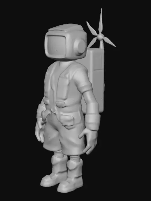 3D model for Crea un personaje humanoide que represente las energías renovables y formado por materiales reciclados. El cuerpo construido con placas solares y que en el pecho tenga un icono de rayo iluminado de color azul que representa la energía acumulada, la cabeza que sea una pantalla luminosa donde aparezcan iconos educativos relacionados con las energías renovables (bombilla, sol, viento), las manos han de brillar pero no demasiado en representación de las energías renovables y que contenga accesorios como por ejemplo, una mochila con forma de turbina eólica que genera la energía para que pueda funcionar, etc.