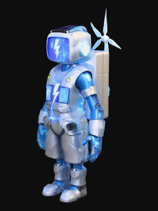 3D model for Crea un personaje humanoide que represente las energías renovables y formado por materiales reciclados. El cuerpo construido con placas solares y que en el pecho tenga un icono de rayo iluminado de color azul que representa la energía acumulada, la cabeza que sea una pantalla luminosa donde aparezcan iconos educativos relacionados con las energías renovables (bombilla, sol, viento), las manos han de brillar pero no demasiado en representación de las energías renovables y que contenga accesorios como por ejemplo, una mochila con forma de turbina eólica que genera la energía para que pueda funcionar, etc.