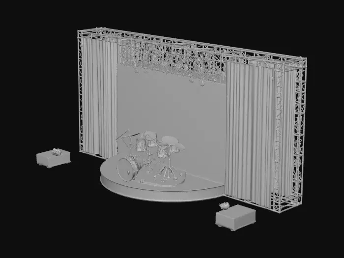 3D model for create a concert stage with lighting and a open curtain with a drum set placed directly back centre