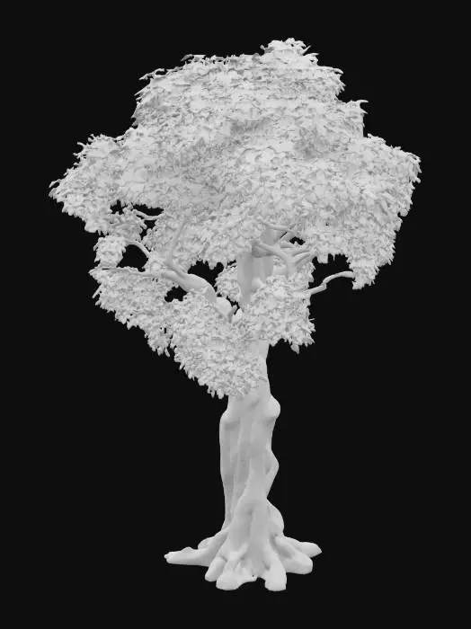 3D model for A realistic tree model, primarily featuring a sturdy, gnarled trunk with rough, bark-like texture in shades of deep brown and gray. Its branches extend outwards, tapering into finer twigs that support a dense canopy of lush green leaves, individually modeled for detail. The overall structure is symmetrical yet naturally varied, suggesting an aged deciduous tree. The surface appears matte with subtle light reflection, indicating a slightly damp or healthy appearance.