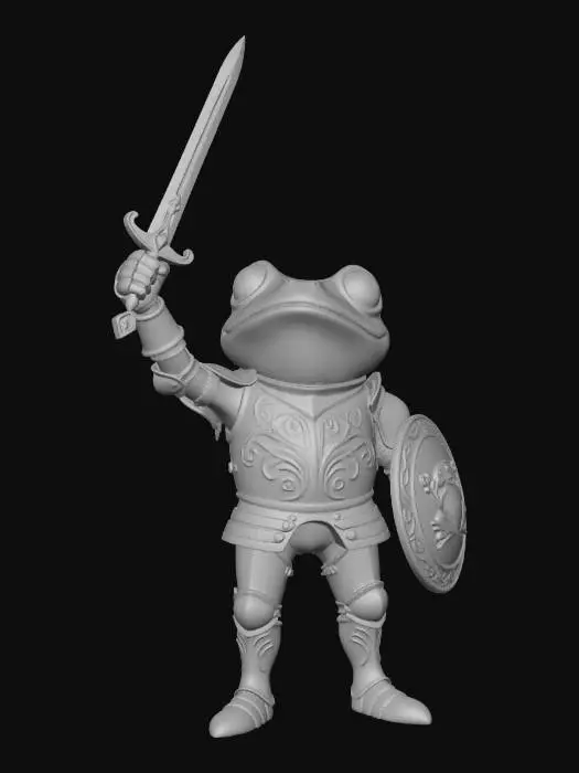 3D model for Frog knight holding a sword in his right hand holding it up to the sky and a shield in his right