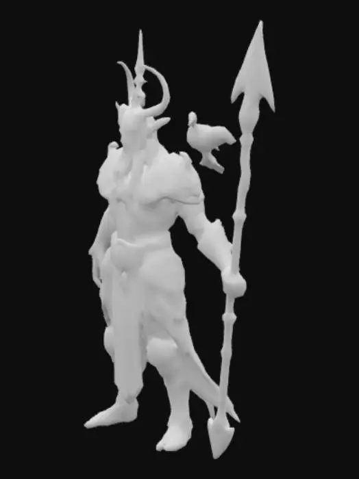 3D model for un personaje con cuerpo de pulpo bien detallado orientado en un dios nordico como odin  con su lanza y los cuervos al lado con colores bien definido con armadura y lanza con ojos negros imponiendo deidad todo bien detallado con colores frios y bien definido