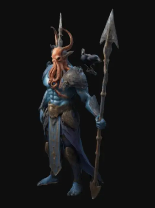 3D model for un personaje con cuerpo de pulpo bien detallado orientado en un dios nordico como odin  con su lanza y los cuervos al lado con colores bien definido con armadura y lanza con ojos negros imponiendo deidad todo bien detallado con colores frios y bien definido