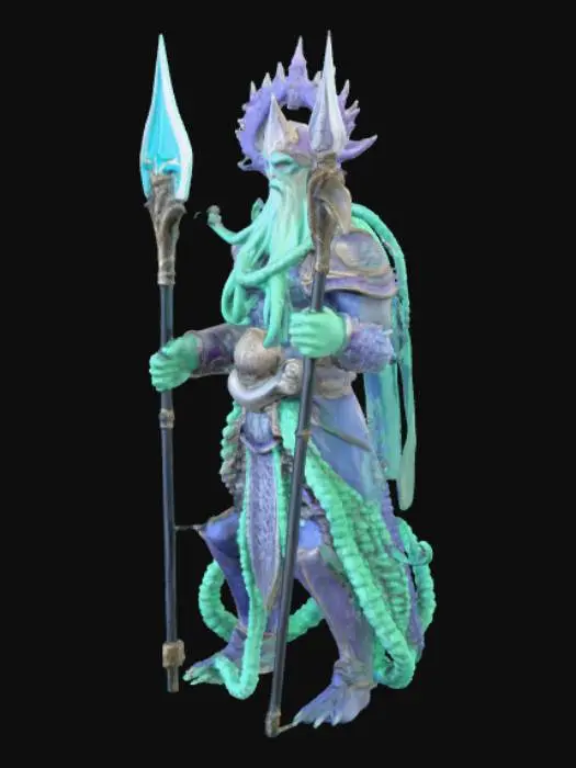 3D model for un personaje con cuerpo de pulpo bien detallado orientado en un dios nordico como odin  con su lanza y los cuervos al lado con colores bien definido con armadura y lanza con ojos negros imponiendo deidad todo bien detallado con colores frios y  calidad hd 1080, lineas bien definidas y detallado en colores verde violeta azul cromado