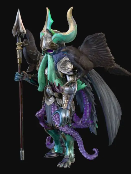 3D model for un personaje con cuerpo de pulpo bien detallado orientado en un dios nordico como odin  con su lanza y los cuervos al lado con colores bien definido con armadura y lanza con ojos negros imponiendo deidad todo bien detallado con colores frios y  calidad hd 1080, lineas bien definidas y detallado en colores verde violeta azul cromado