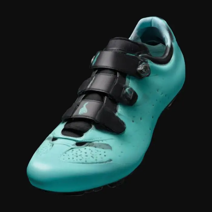 3D model for A pair of stylish women's road cycling shoes, black with teal accents, featuring a sleek aerodynamic design. photo-realistic. Dual closure system with BOA dial in the middle and Velcro straps at the top and bottom. Aggressive road racing style, lightweight carbon sole, reflective details, and modern sporty look. High-performance shoes for a pro cyclist