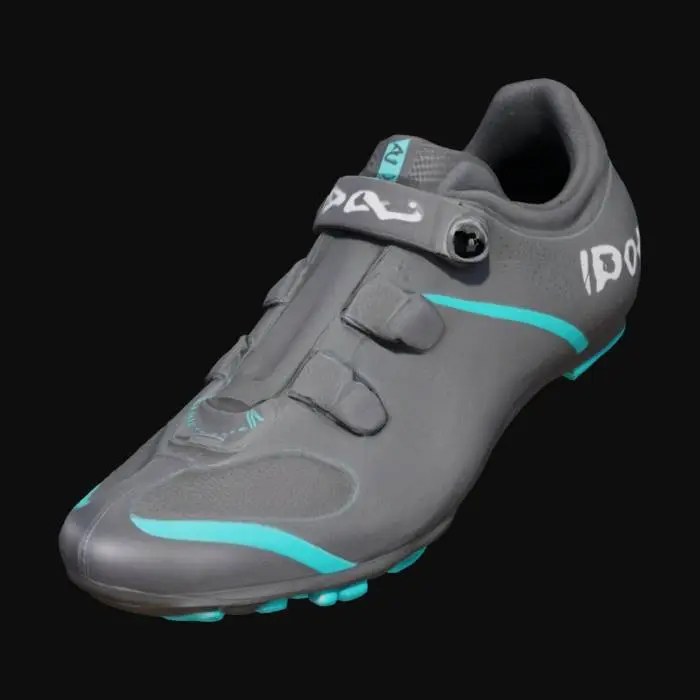 3D model for A pair of stylish women's road cycling shoes, black with teal accents, featuring a sleek aerodynamic design. photo-realistic. Dual closure system with BOA dial in the middle and Velcro straps at the top and bottom. Aggressive road racing style, lightweight carbon sole, reflective details, and modern sporty look. High-performance shoes for a pro cyclist