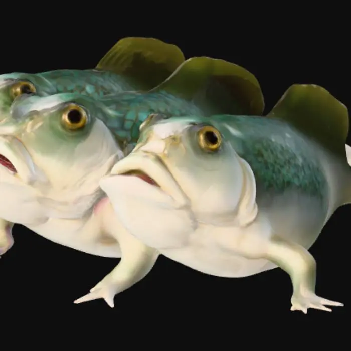3D model for Three peculiar creatures with the heads and bodies of large freshwater fish, featuring prominent fins and tails, are combined with the smooth, pale skin and small, plump hands of human infants. Their scales are a glossy, metallic silver-green, with dark speckled patterns on their backs, transitioning to a softer, almost matte white or light gold on their bellies. Each creature has a wide-open, circular mouth, as if gasping or vocalizing, with big, golden-yellow eyes expressing curiosity. They are depicted in a low-crawling posture, pushing their small, five-fingered hands into soft, light brown sand.