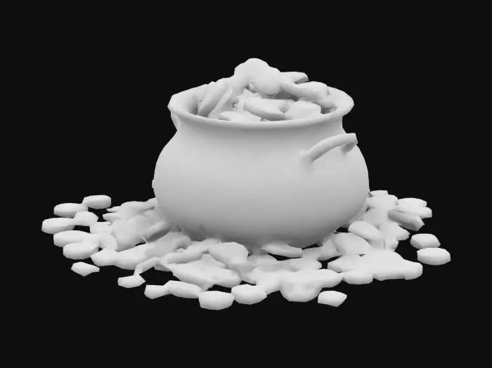 3D model for black pot of gold, with coins over flowing into the ground