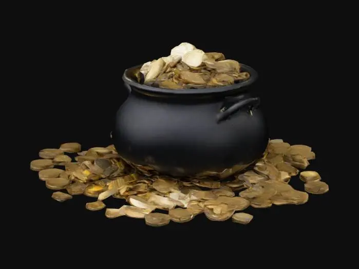 3D model for black pot of gold, with coins over flowing into the ground