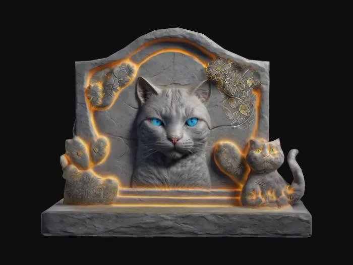 3D model for  Stylized cat memorial, stone with paws that glow on the stone, Highly Detailed., Ultra Realistic