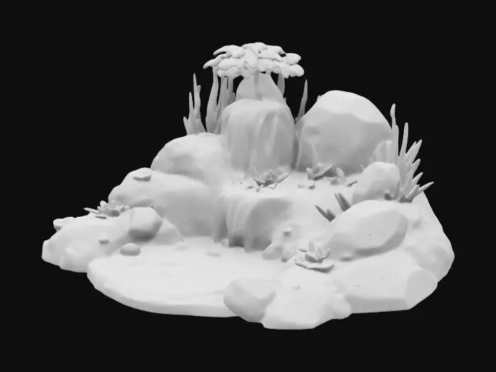 3D model for a miniature landscape is depicted, showcasing a multi-tiered waterfall cascading gently into a small, tranquil pond. Large, smooth, grayish rocks form the uneven terrain, arranged artfully to create the different levels of the waterfall. Crystal-clear water flows over the edges of the rocks. Vibrant green moss & various plants grow lushly on the rocks and around the pond's edge. pink water lilies with blossoms float peacefully on the WATER. A single, small, leafy tree stands atop highest rock 