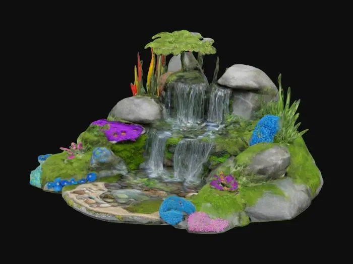 3D model for a miniature landscape is depicted, showcasing a multi-tiered waterfall cascading gently into a small, tranquil pond. Large, smooth, grayish rocks form the uneven terrain, arranged artfully to create the different levels of the waterfall. Crystal-clear water flows over the edges of the rocks. Vibrant green moss & various plants grow lushly on the rocks and around the pond's edge. pink water lilies with blossoms float peacefully on the WATER. A single, small, leafy tree stands atop highest rock 