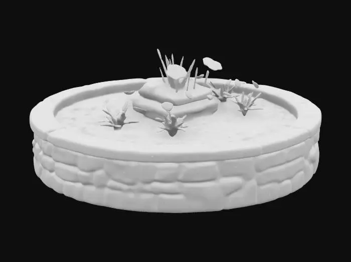 3D model for A neat kidney-shaped flower bed. THE INTERIOR IS HOLLOW. The flower bed border is formed by numerous gray rectangular rocks stacked tightly together, creating a border three stacks high.