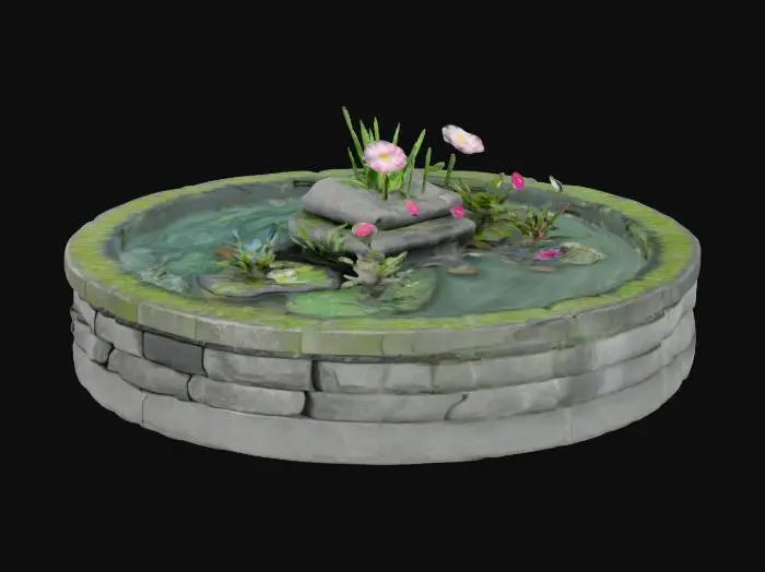 3D model for A neat kidney-shaped flower bed. THE INTERIOR IS HOLLOW. The flower bed border is formed by numerous gray rectangular rocks stacked tightly together, creating a border three stacks high.