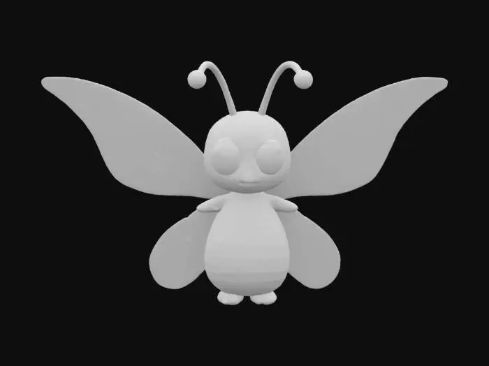 3D model for The object is a whimsical creature with a smooth, pastel-textured surface, featuring a humanoid shape with an oversized head, large eyes, delicate antennae, and vibrant butterfly wings.,