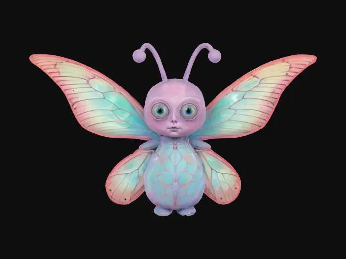3D model for The object is a whimsical creature with a smooth, pastel-textured surface, featuring a humanoid shape with an oversized head, large eyes, delicate antennae, and vibrant butterfly wings.,