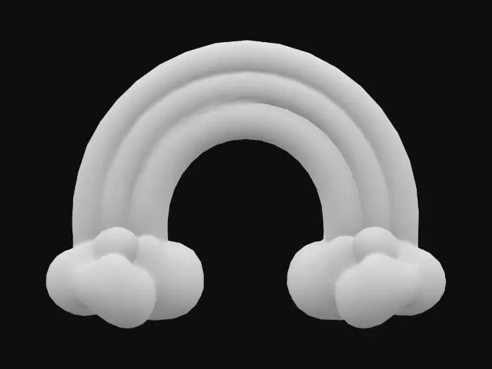 3D model for This image presents a brightly colored, playful rainbow with soft, puffy cloud accents. The rainbow itself features distinct, bold bands of color: a vivid orange at the top, followed by a sunny yellow, a fresh green, and a deep, inviting blue at the innermost arc. Each band appears to have a smooth, glossy, almost inflated texture, polished plastic material.The clouds are rendered with a delightfully squishy, marshmallow-like texture, exhibiting a soft, milky white hue on top that gently transitions into a delicate, rosy pink at their bases. They appear voluminous and buoyant, adding to the overall whimsical and cheerful aesthetic of the image. Small, sparkling white highlights are subtly placed around the blue arc of the rainbow