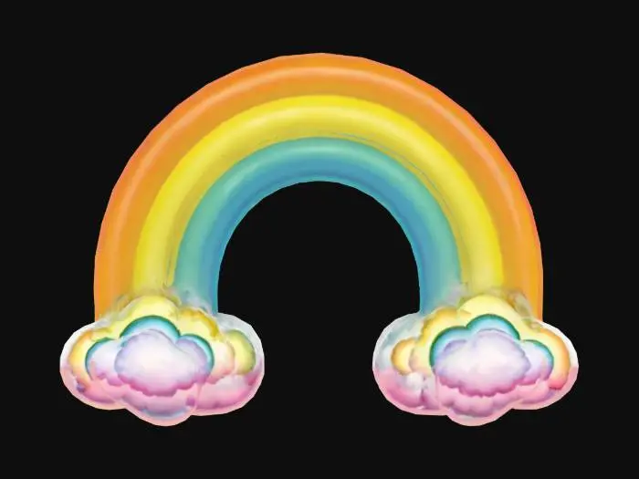 3D model for This image presents a brightly colored, playful rainbow with soft, puffy cloud accents. The rainbow itself features distinct, bold bands of color: a vivid orange at the top, followed by a sunny yellow, a fresh green, and a deep, inviting blue at the innermost arc. Each band appears to have a smooth, glossy, almost inflated texture, polished plastic material.The clouds are rendered with a delightfully squishy, marshmallow-like texture, exhibiting a soft, milky white hue on top that gently transitions into a delicate, rosy pink at their bases. They appear voluminous and buoyant, adding to the overall whimsical and cheerful aesthetic of the image. Small, sparkling white highlights are subtly placed around the blue arc of the rainbow