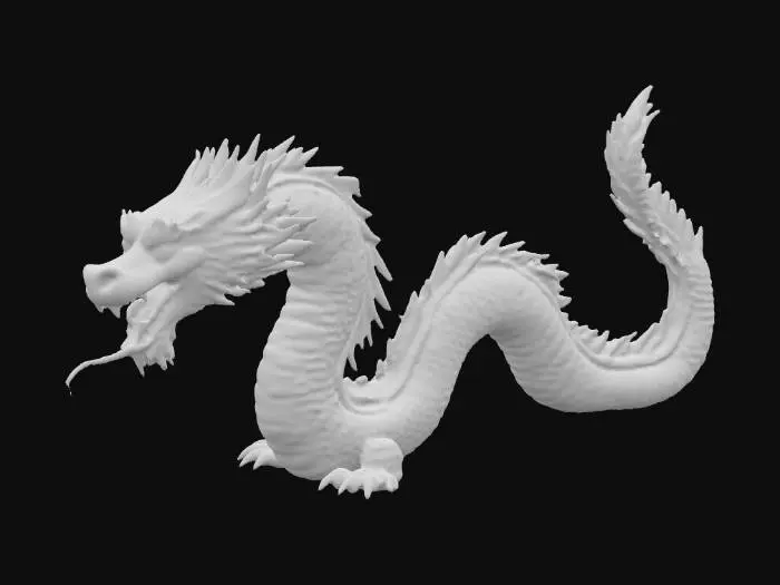 3D model for extra long Chinese style dragon with white fur,  scale and a dog head laying on the ground in a snake position