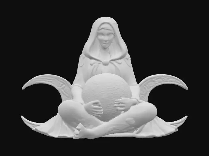3D model for The object is a sculptural figure with a hooded cloak holding a textured, spherical moon, featuring crescent moon shapes on each side, and has a metallic finish with blue and turquoise accents., 
